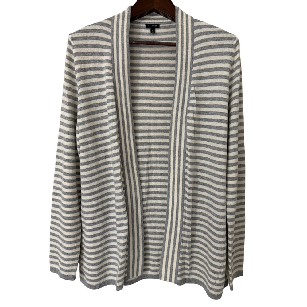 Talbots Lambswool Blend Cardigan Cream Gray White Striped Long Sleeve Knit Large